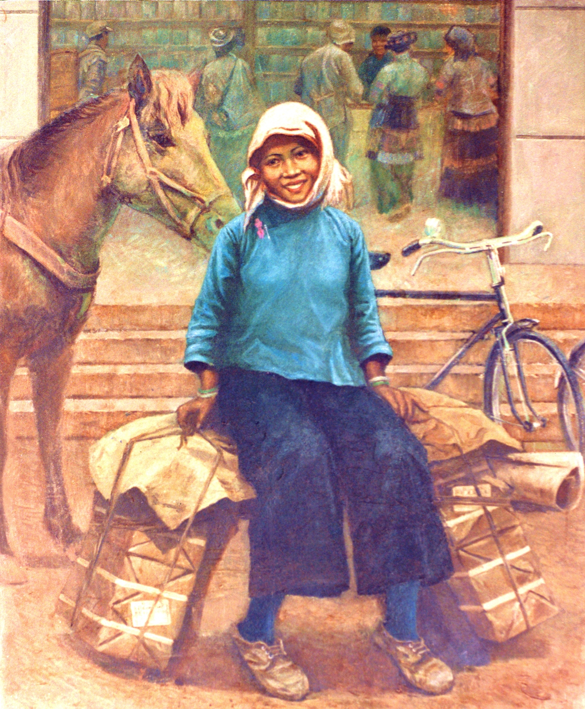 銆婁埂鏉戝コ鏁欏笀銆? 甯冮潰娌圭敾  150cm脳120cm  1985骞?.jpg