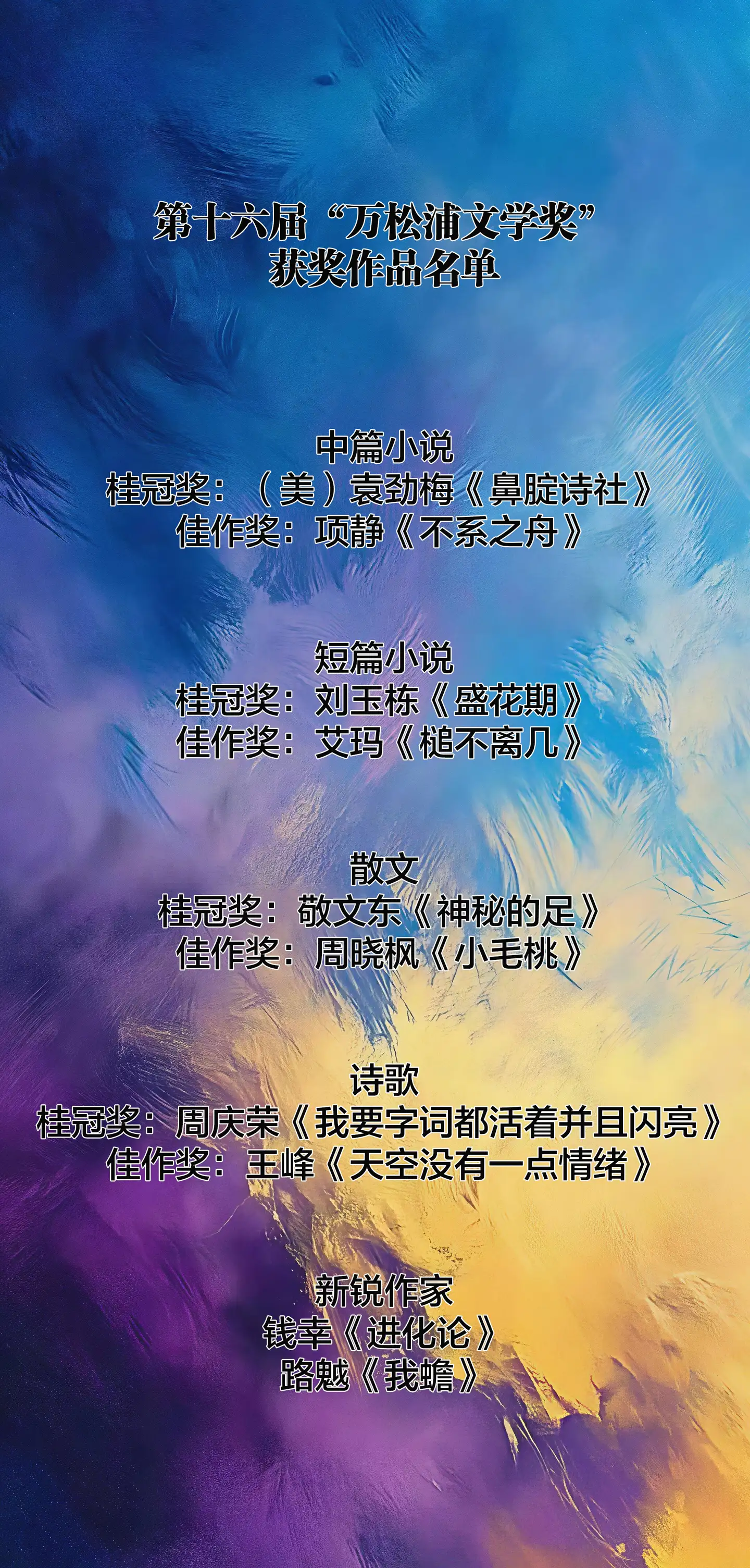 第十六届“万松浦文学奖”获奖作品揭晓